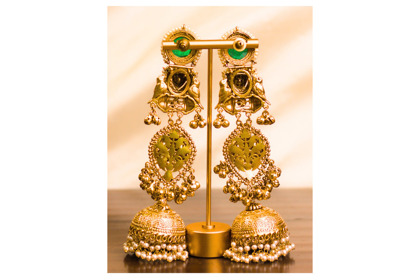 Long Green Stone Bird and Chand Jhumkas