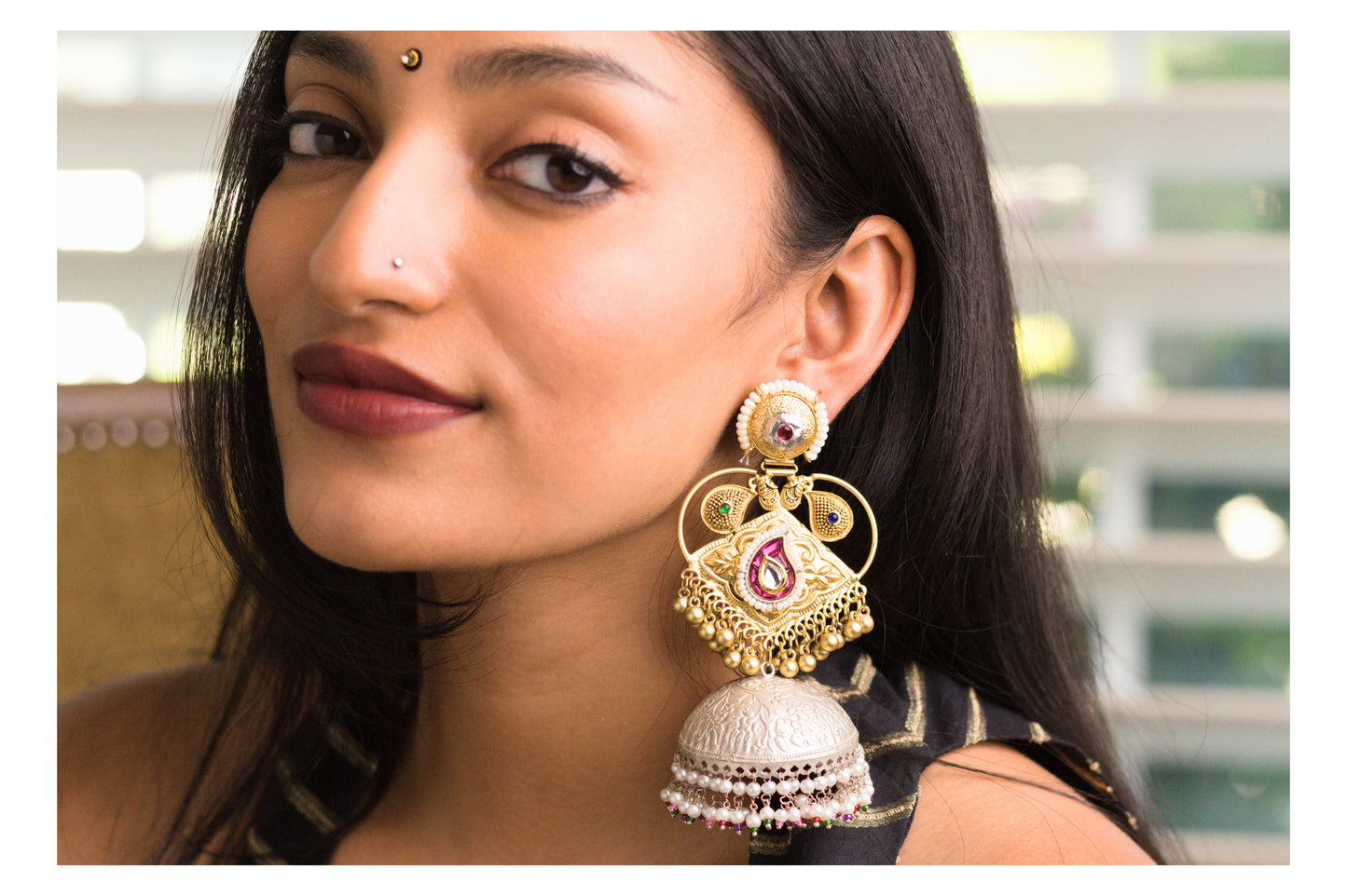 Gold and Silver Rani Pink Paisley Thappi Jhumkas