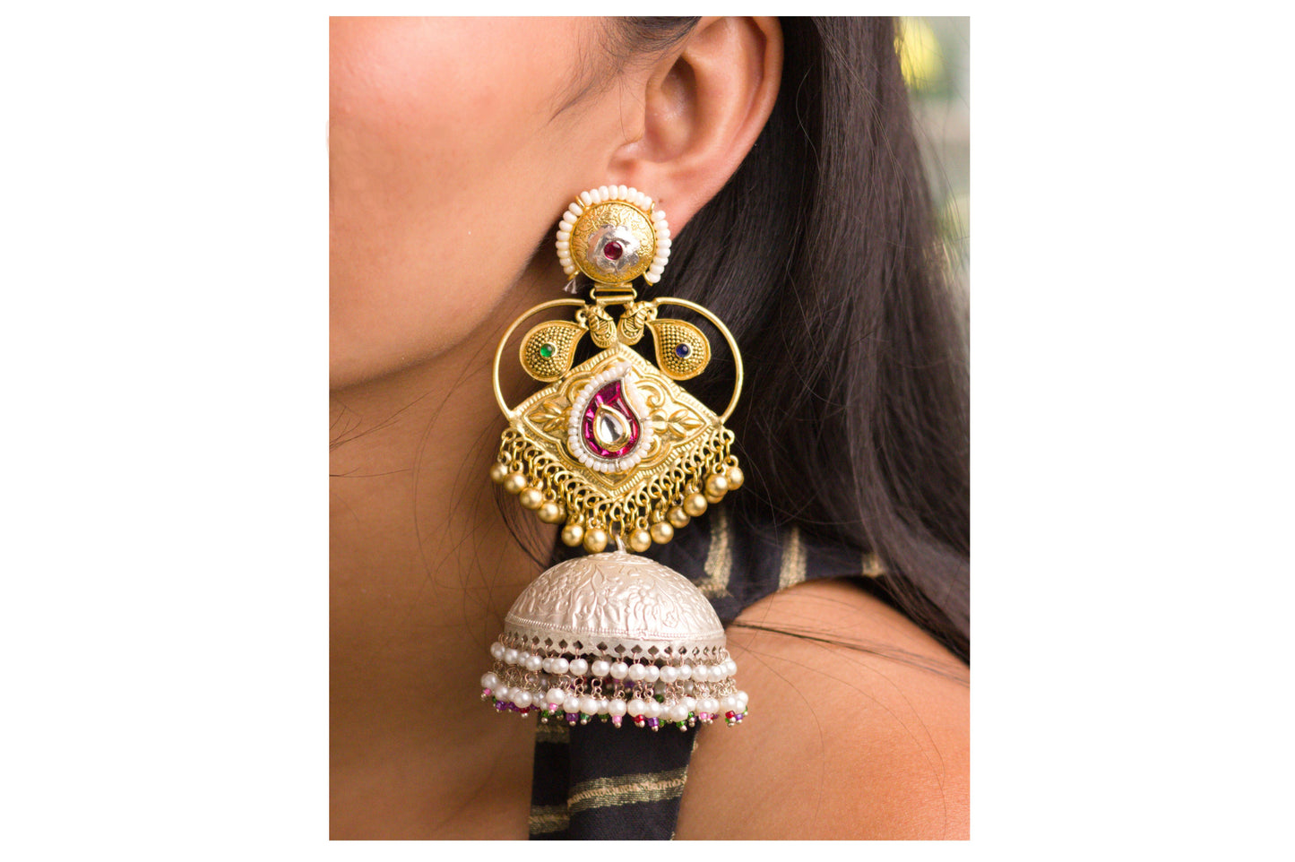 Gold and Silver Rani Pink Paisley Thappi Jhumkas