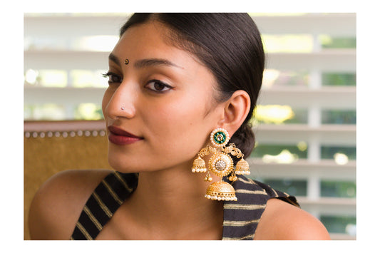Green and Gold Three Jhumka Earrings