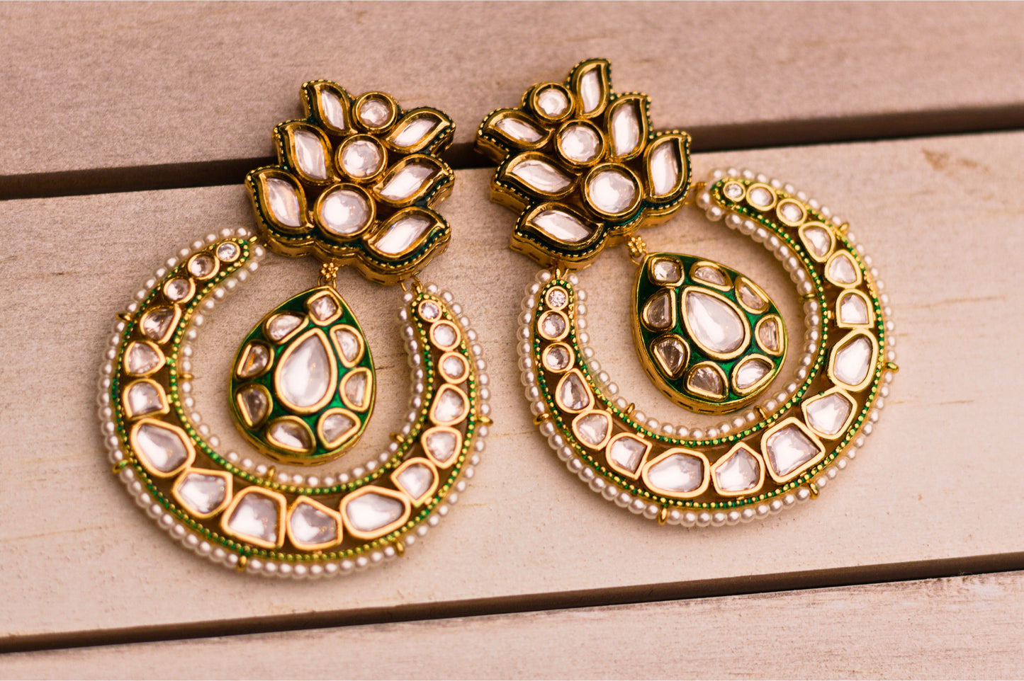 Green Meenakari Drop Kundan and Piroi Chandbali