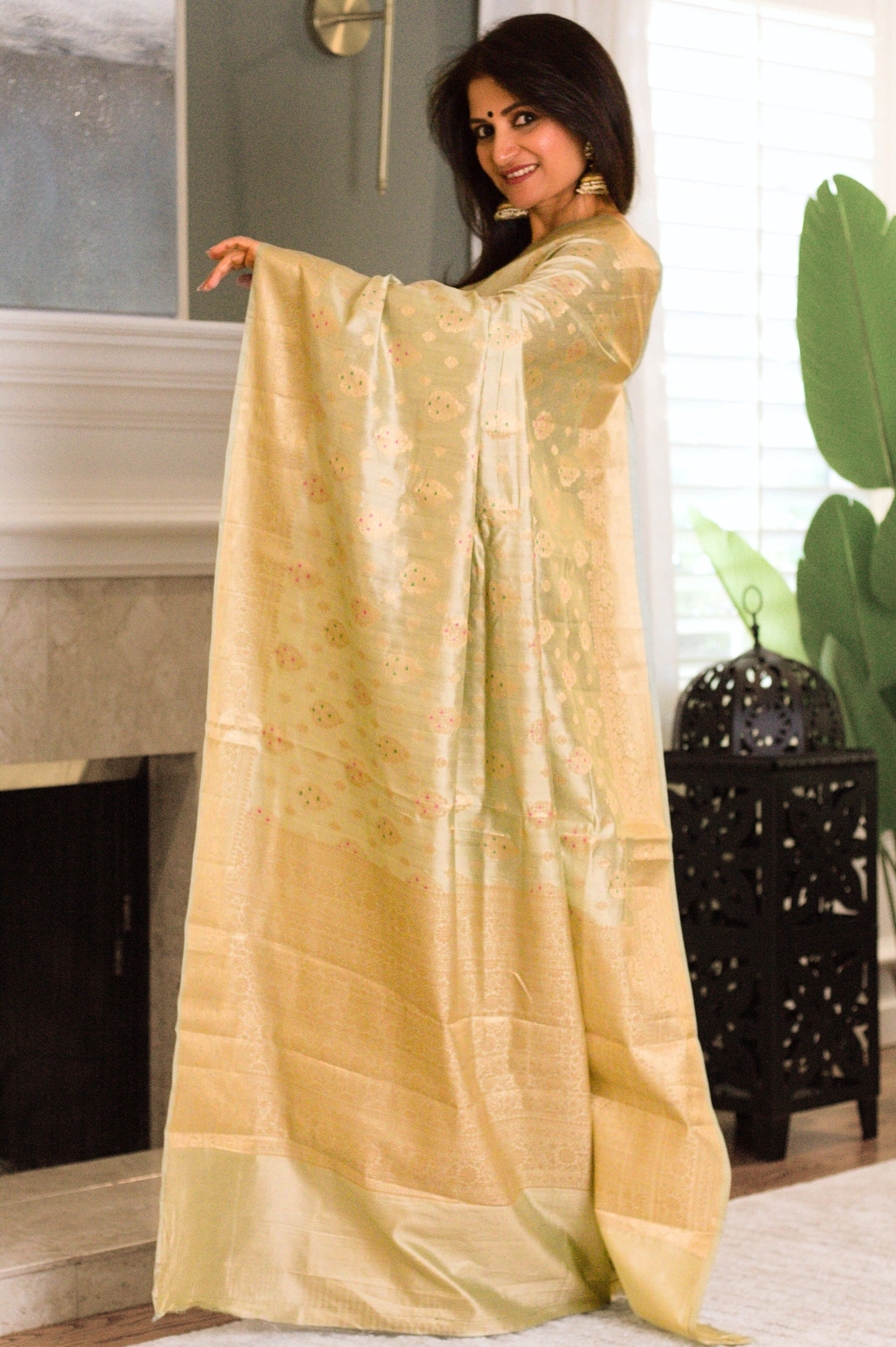 Pearlescent Sage Pure Chiniya Handloom Silk Saree with  Subtle Gold Butis