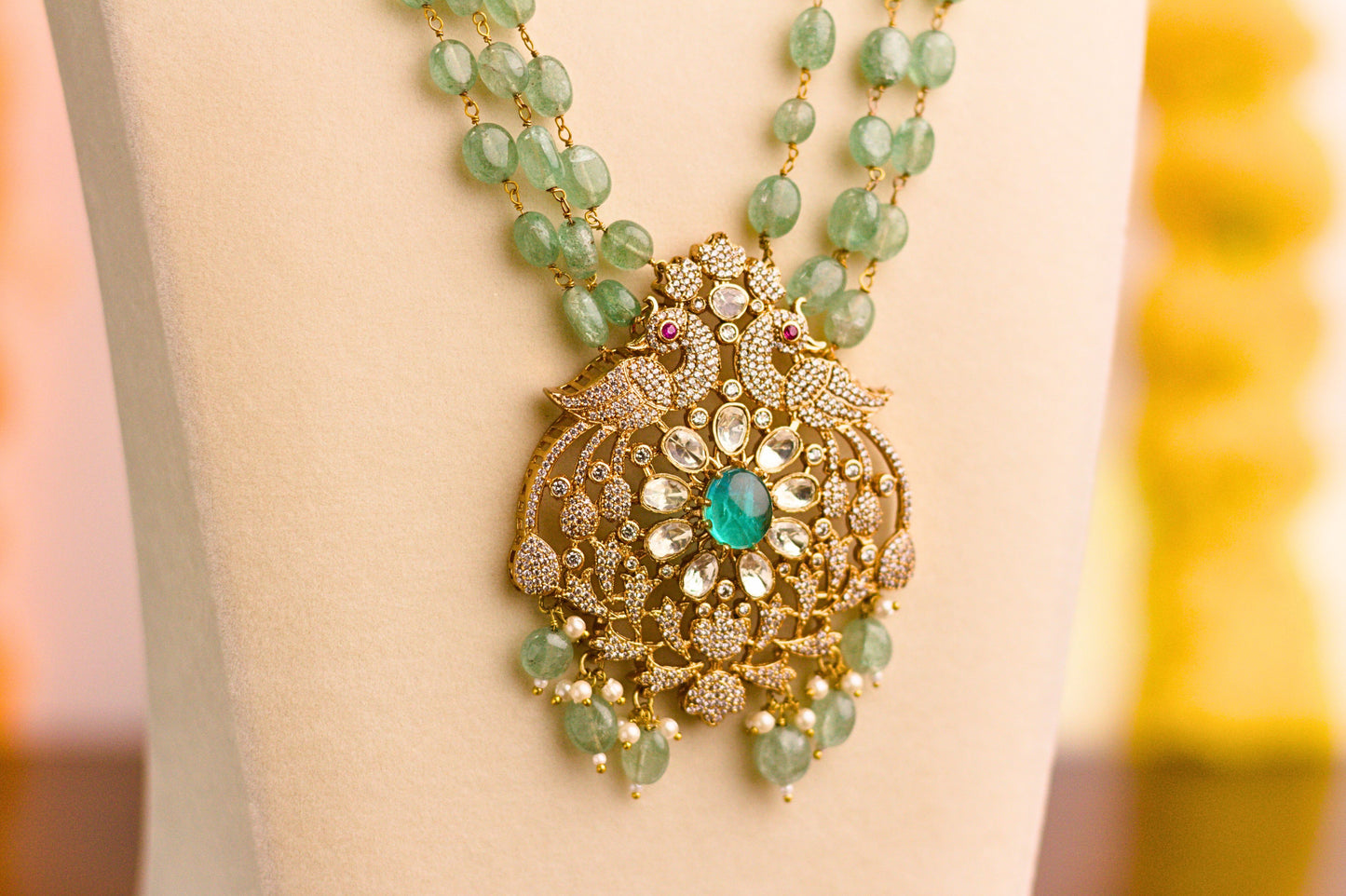 Jade Green Stone Studded Peacock Necklace Set.