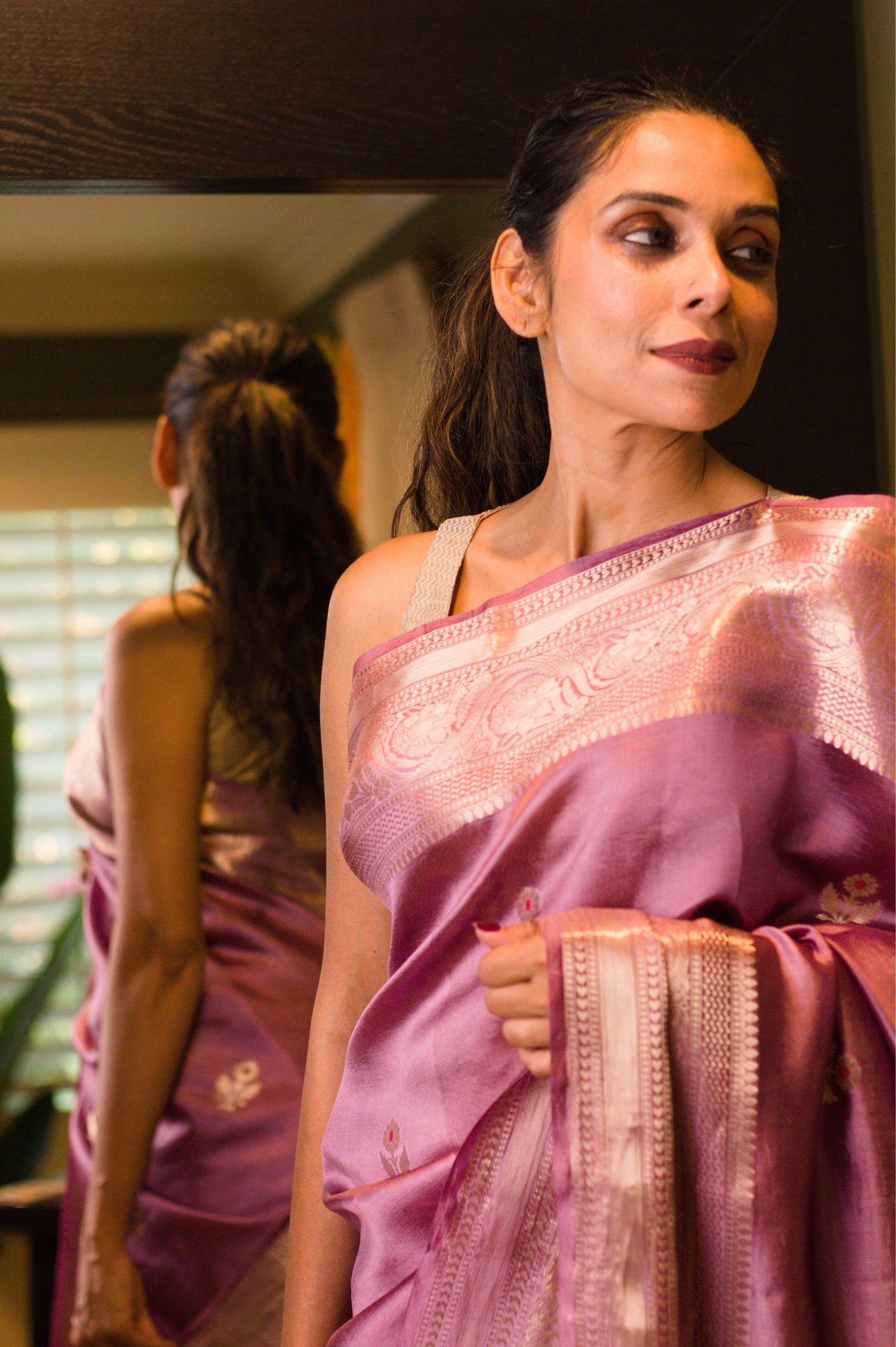 Light-Weight Rose Pink Pure Katan Silk Banarasi Handloom Saree with All-Over Kadhwa Motifs And Intricate Bel Border in Subtle Gold Jari