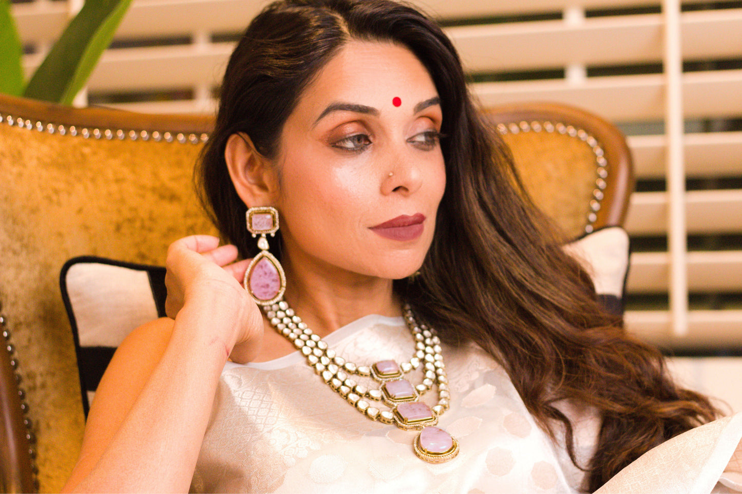 Light Pink Doublet Stone Moissanite Kundan Necklace Set