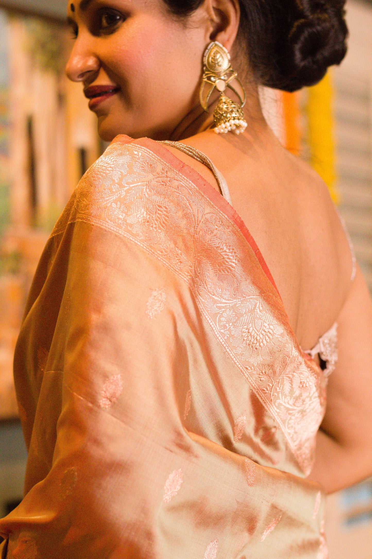 Pearlescent Rusty Beige Banarasi Pure Katan Silk Saree With Copper Zari