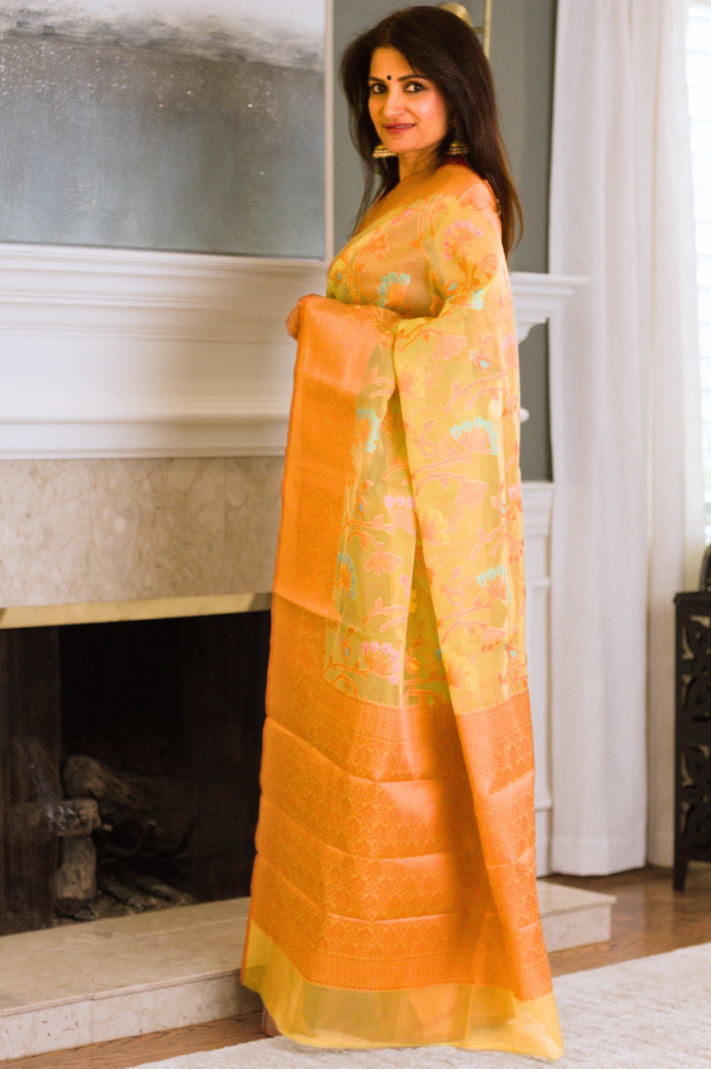 Green Banarasi Organza Meenakari Saree with Copper Zari Border and Pallu.