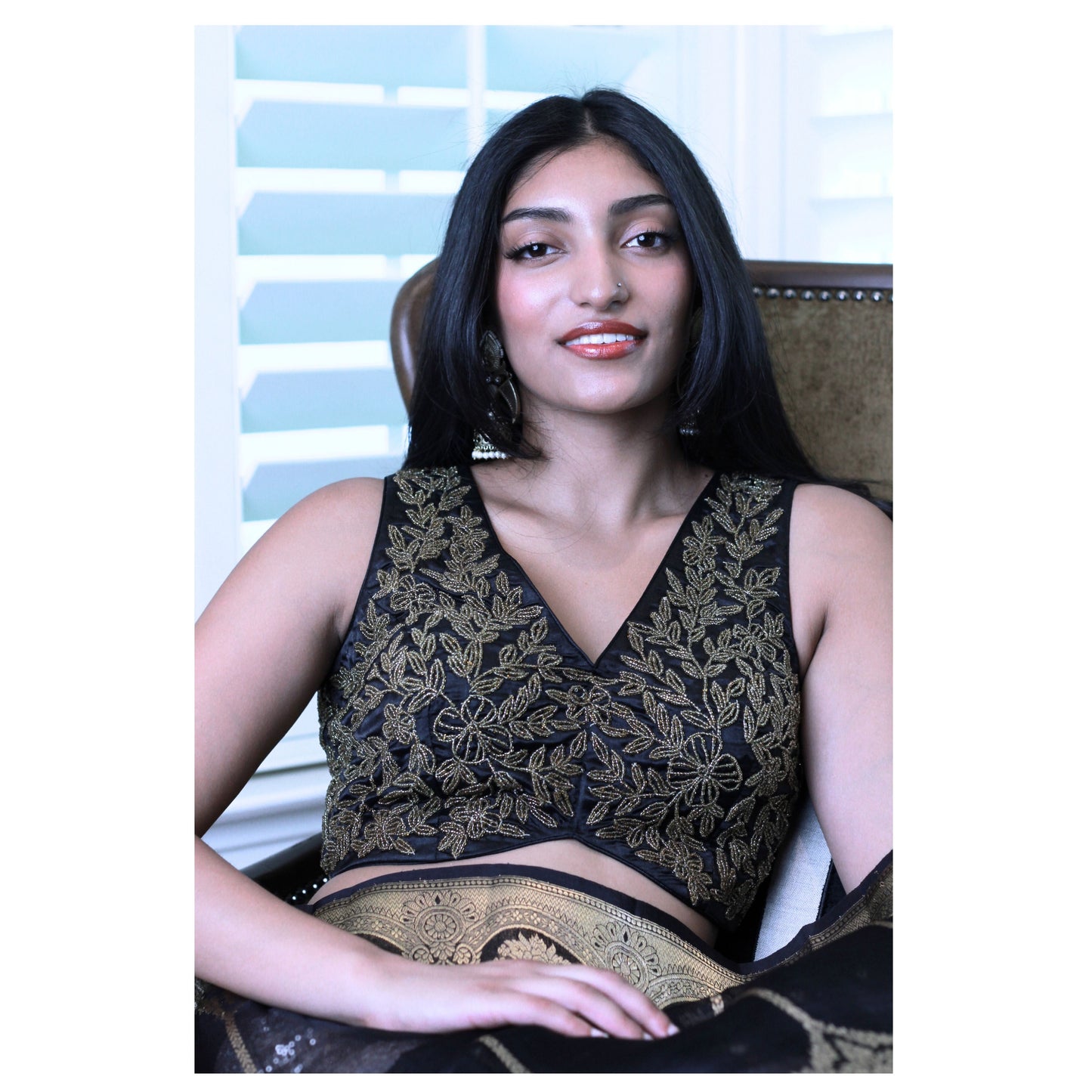 Black and Gold Hand Embroidered-Beaded Blouse / Size 36