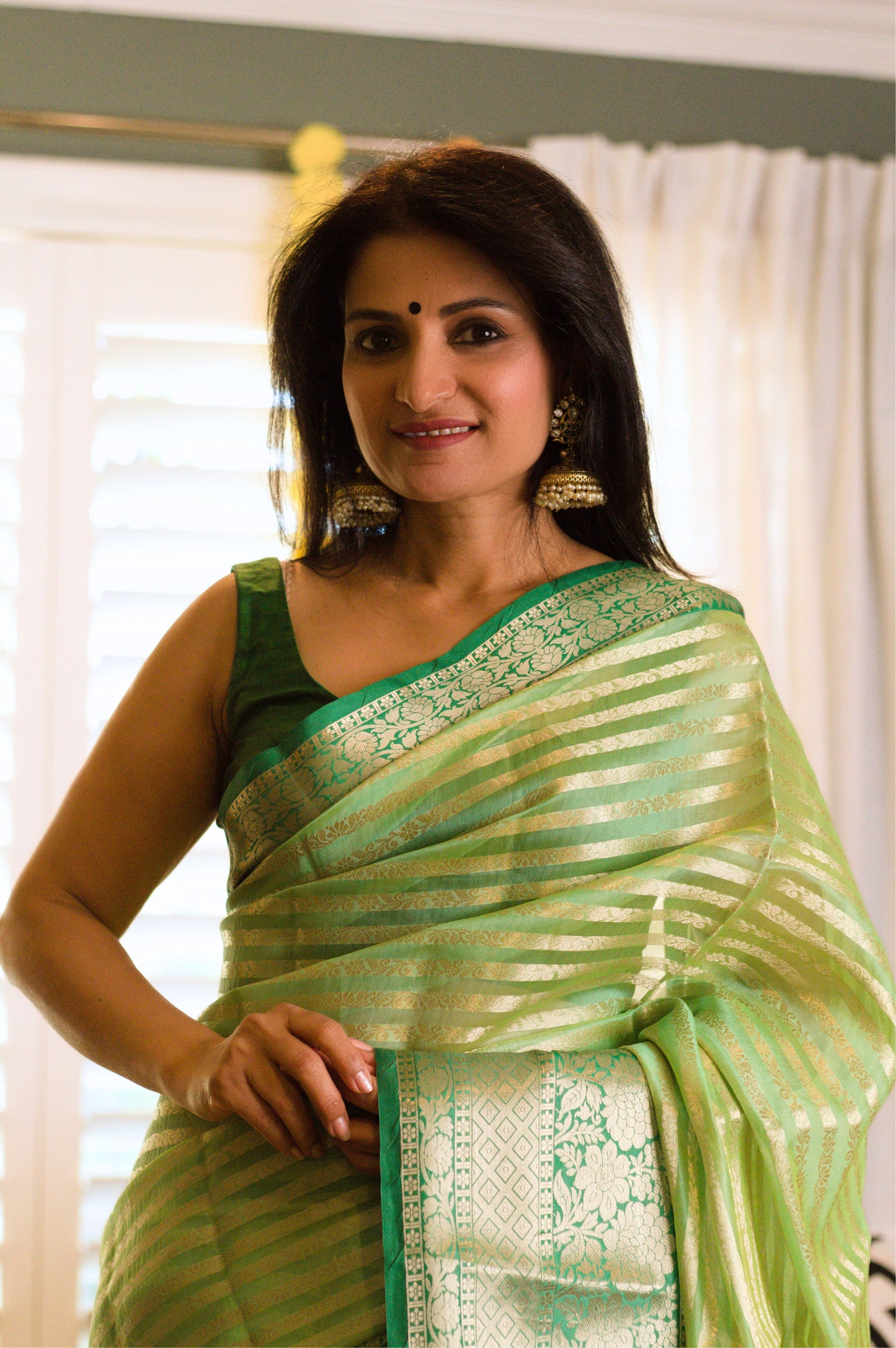 Dewy Green Banarasi Handloom Tissue Saree with Gold Stripes & Zari Border