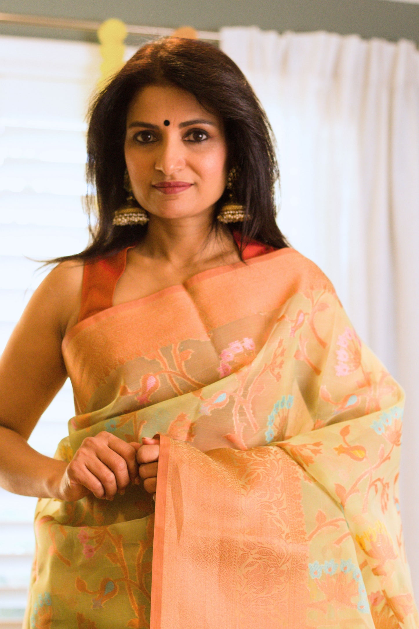 Green Banarasi Organza Meenakari Saree with Copper Zari Border and Pallu.