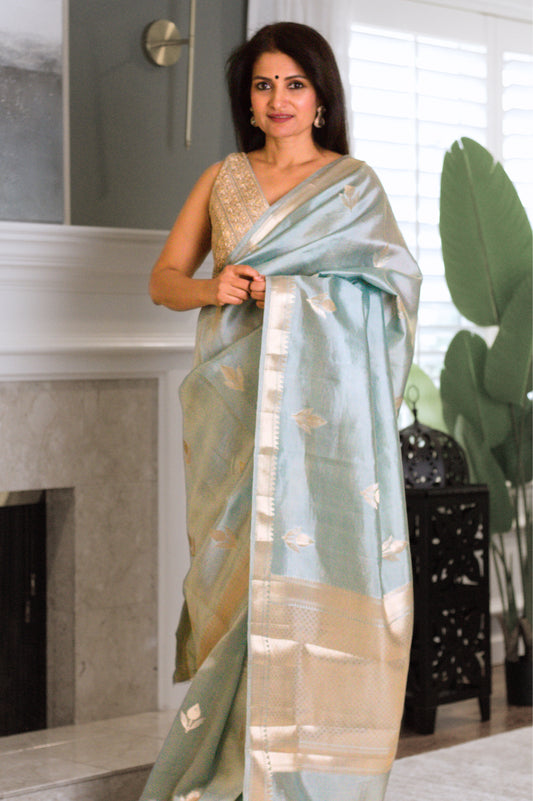 Dreamy Blue Pure Katan Silk Saree with Silver Zari Border and Buti.