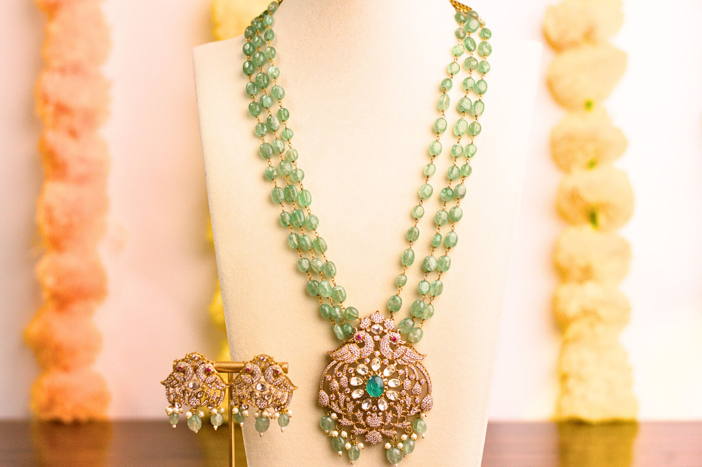 Jade Green Stone Studded Peacock Necklace Set.