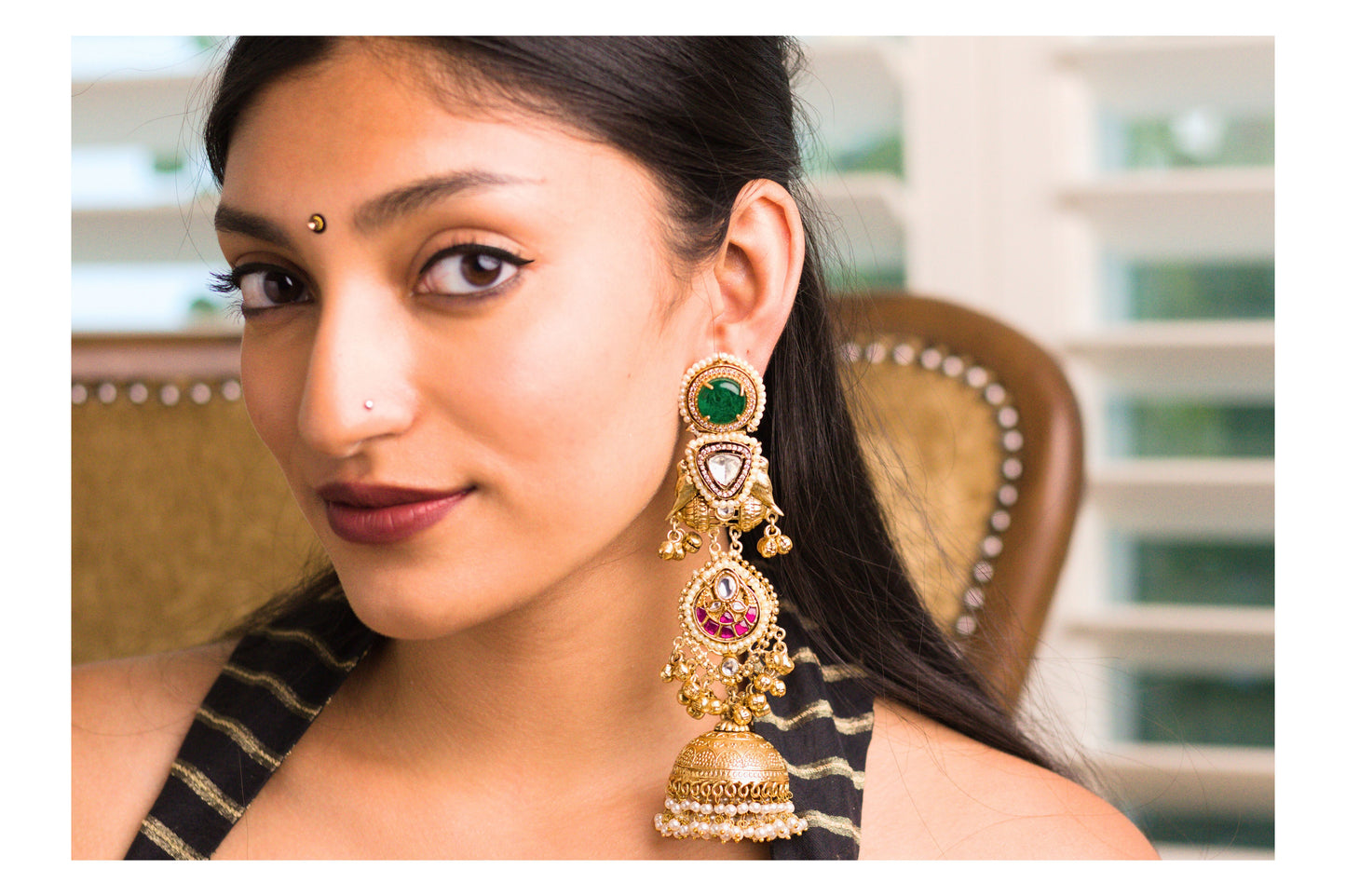 Long Green Stone Bird and Chand Jhumkas