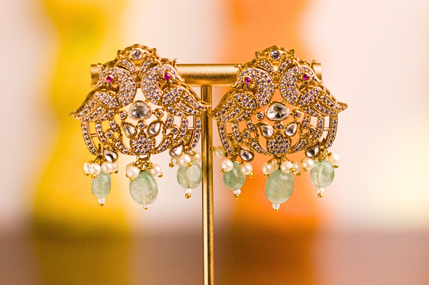 Jade Green Stone Studded Peacock Necklace Set.