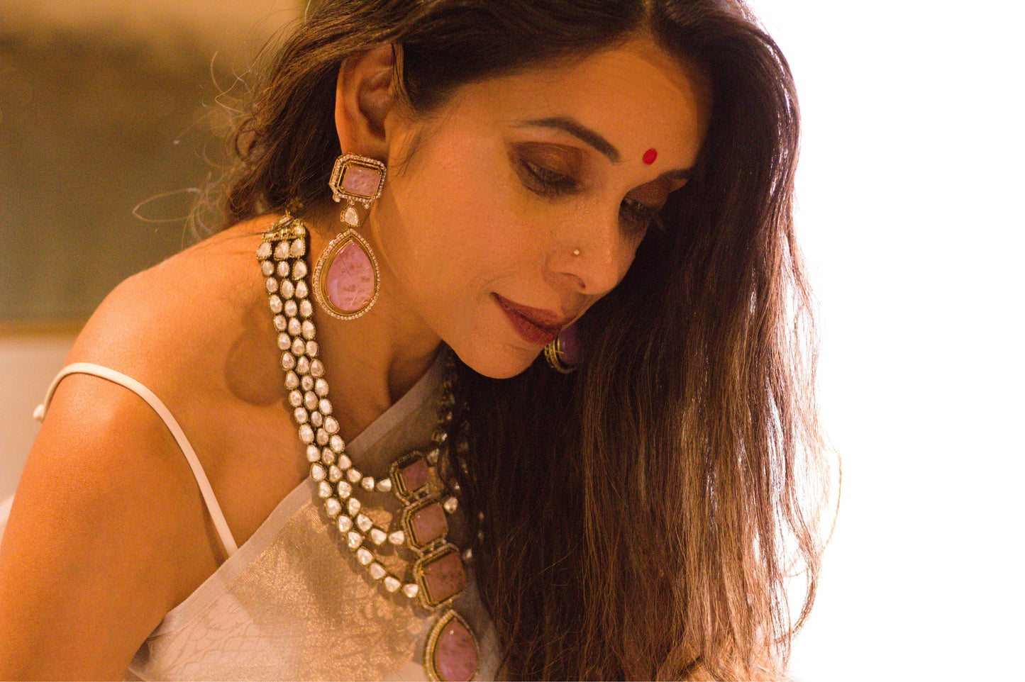 Light Pink Doublet Stone Moissanite Kundan Necklace Set