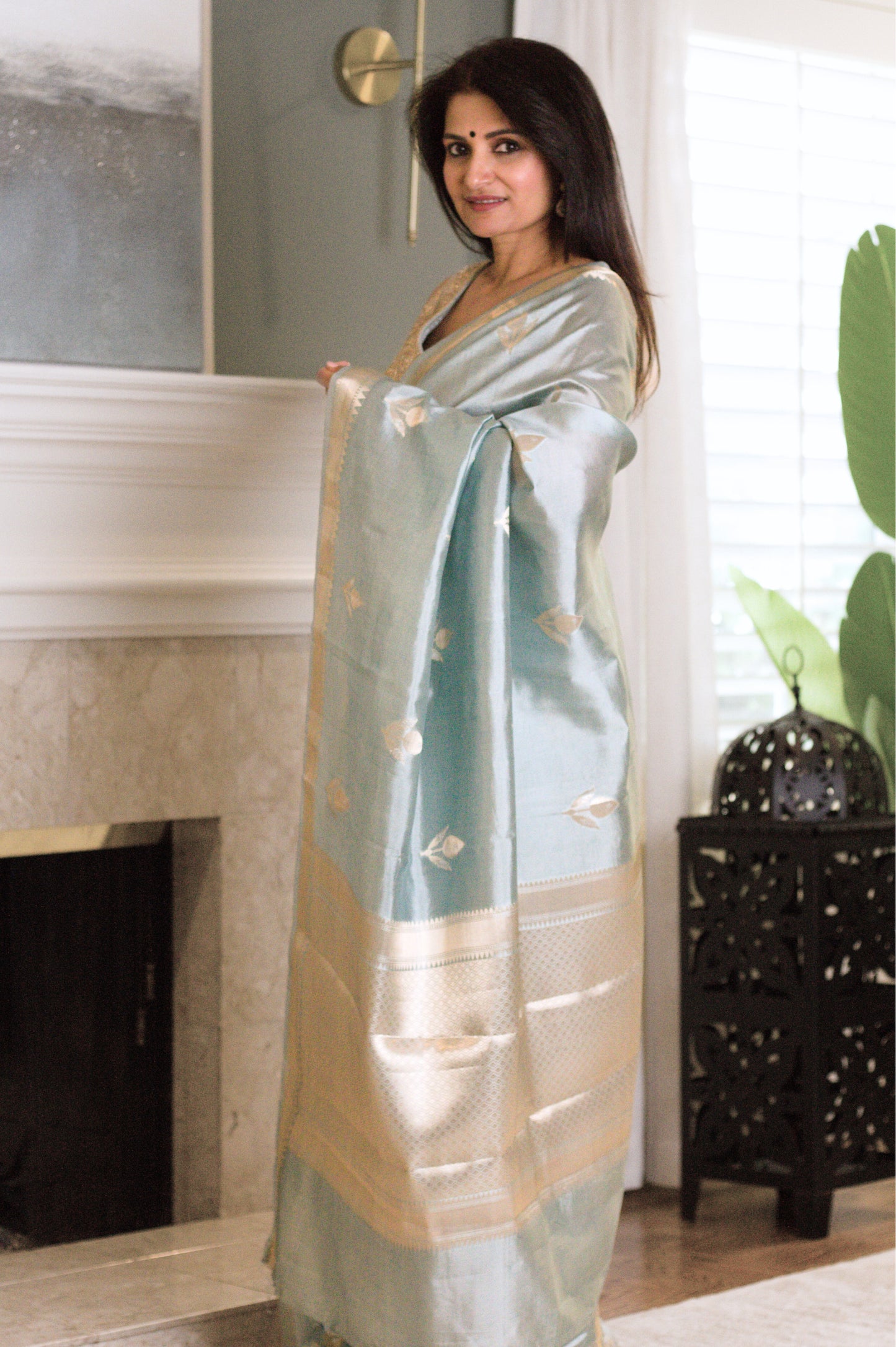 Dreamy Blue Pure Katan Silk Saree with Silver Zari Border and Buti.