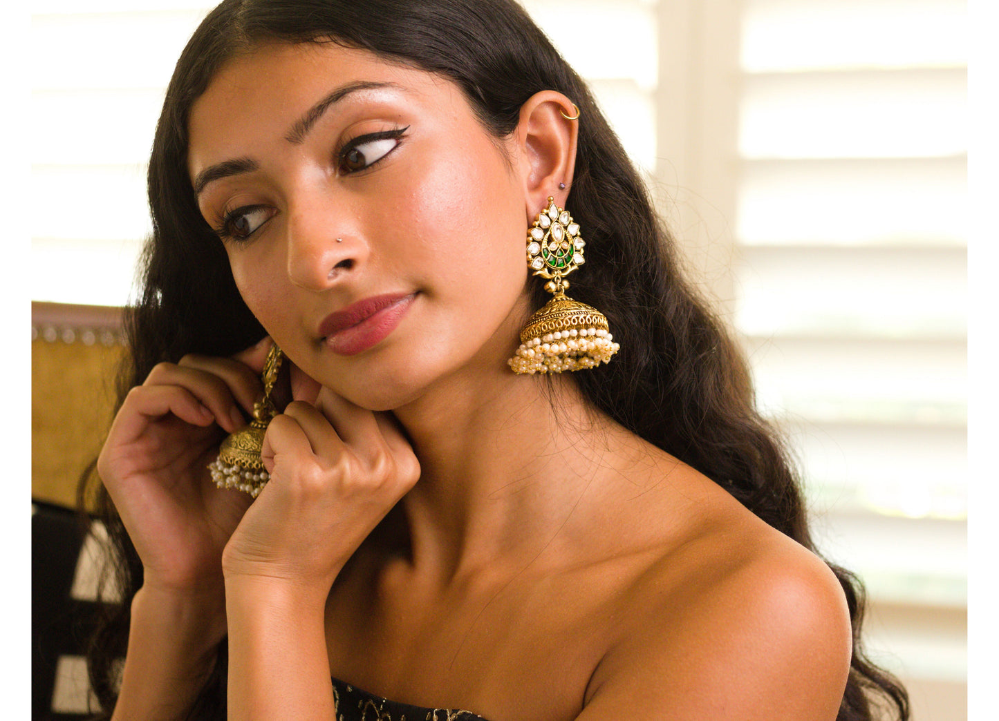 Green Jadau Kundan Pipal Patta Jhumkas