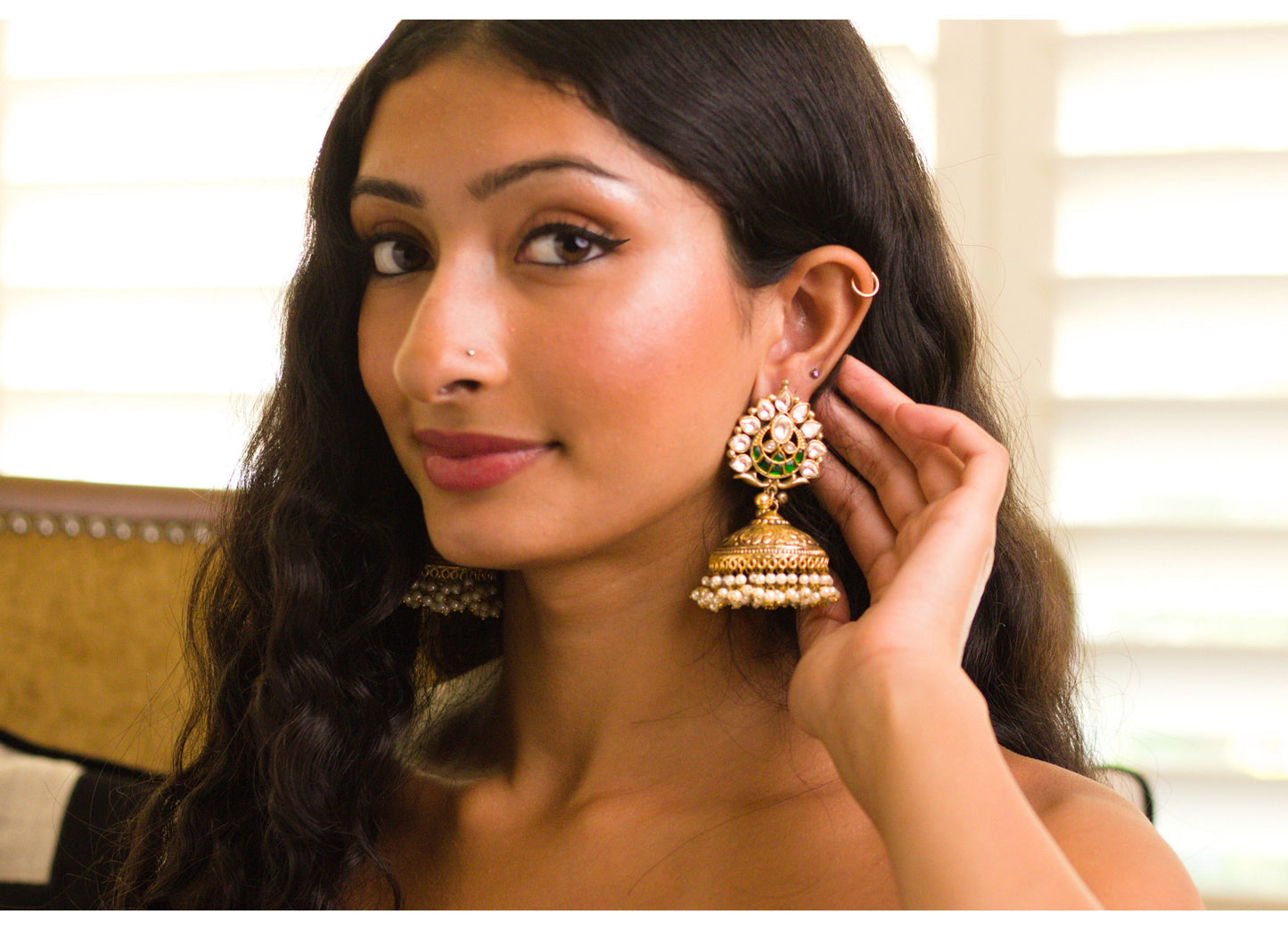 Green Jadau Kundan Pipal Patta Jhumkas