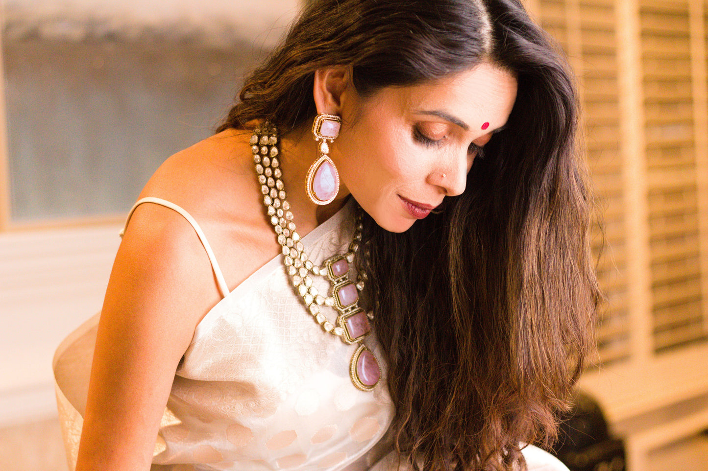 Light Pink Doublet Stone Moissanite Kundan Necklace Set