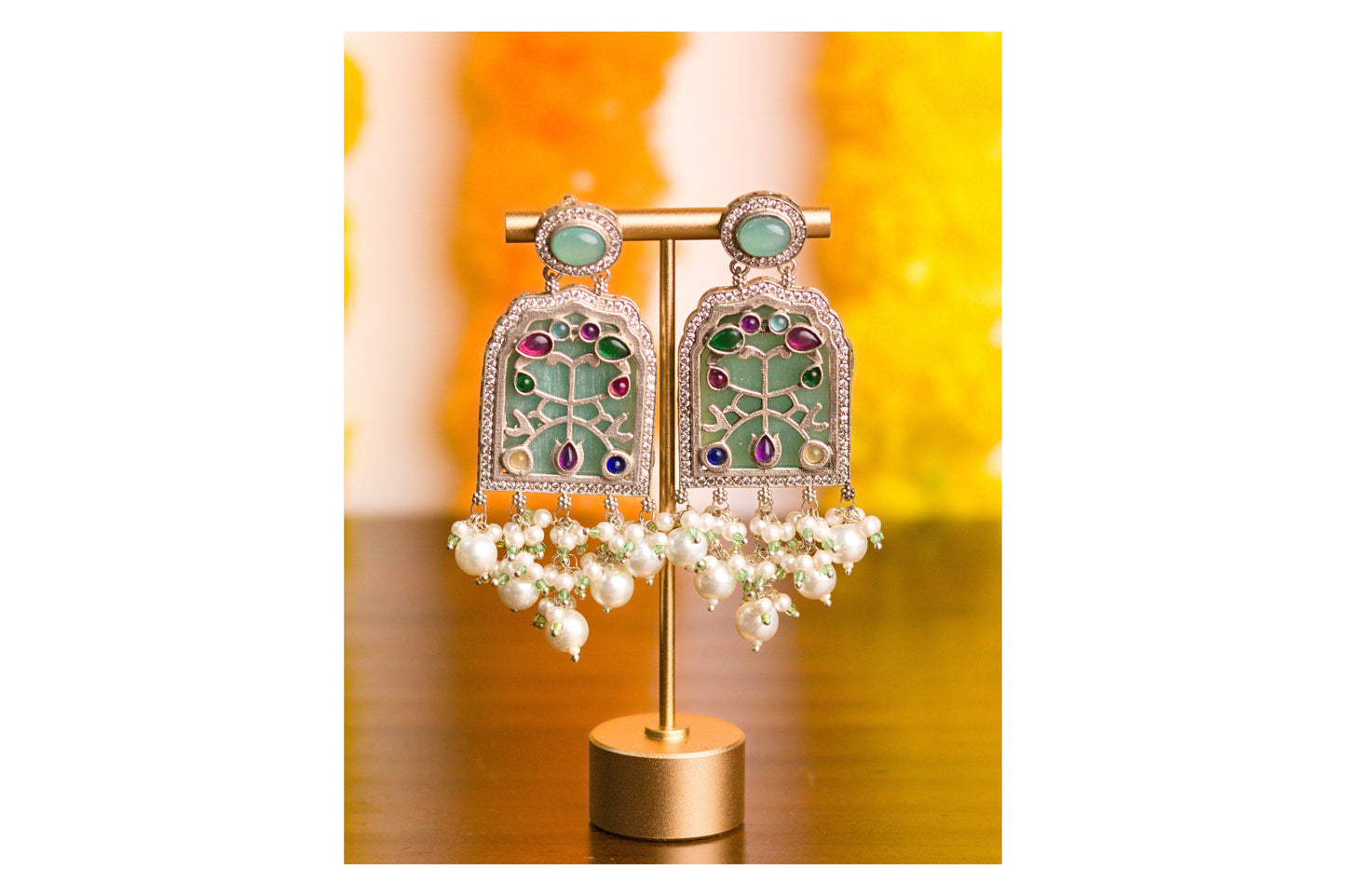 Aqua Inlay Jharoka Earrings