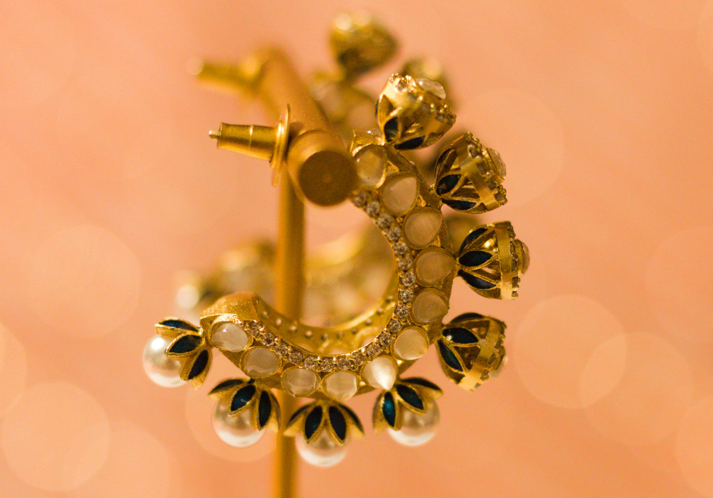 Teal Meena Pearl and Stone Half Hoop Earrings