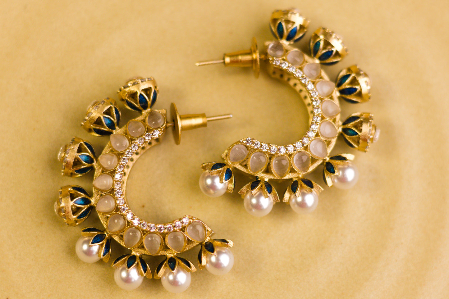 Teal Meena Pearl and Stone Half Hoop Earrings