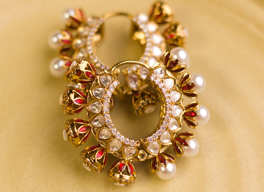 Reversible Red Meena Pearl and Stone Hoop Earrings