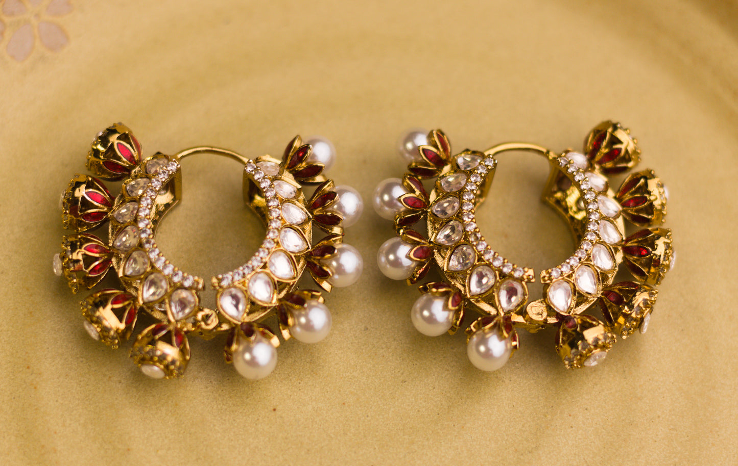 Reversible Red Meena Pearl and Stone Hoop Earrings