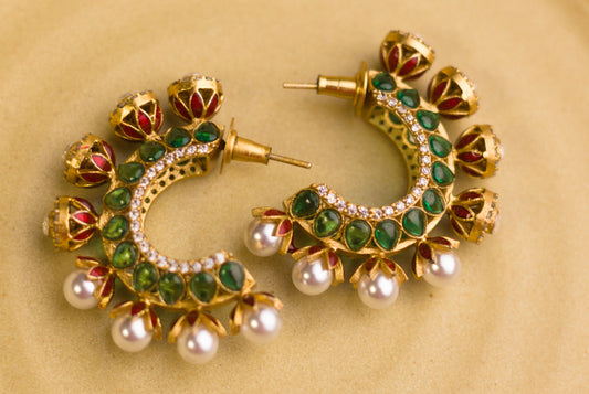 Red and Green Meena Stone and Pearl Half Hoop Earrings