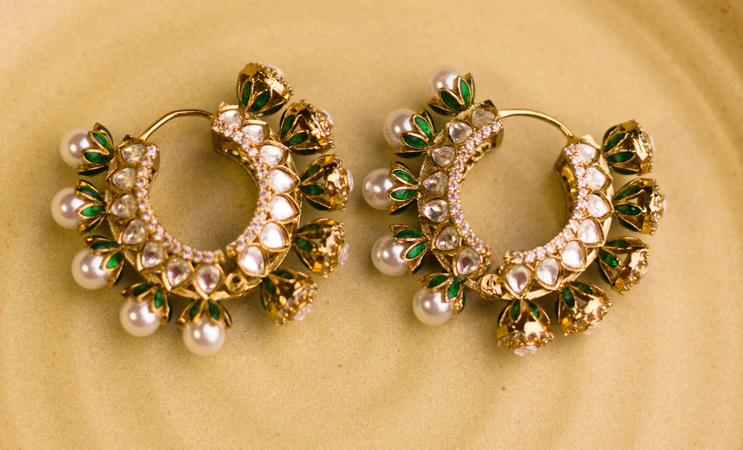 Reversible Green Meena Pearl and Stone Hoop Earrings