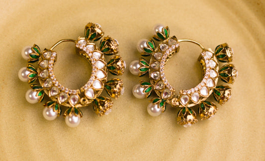 Reversible Green Meena Pearl and Stone Hoop Earrings