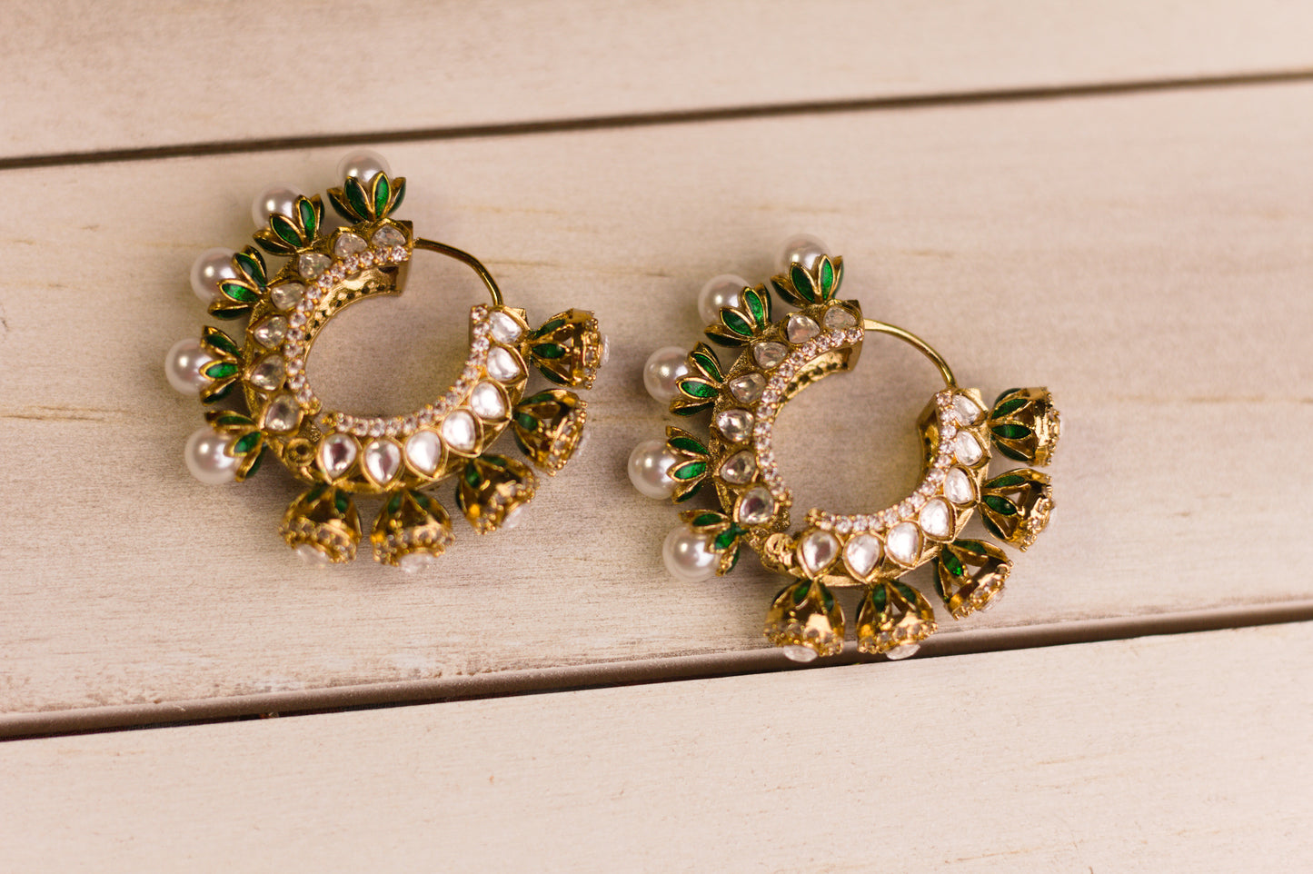 Reversible Green Meena Pearl and Stone Hoop Earrings