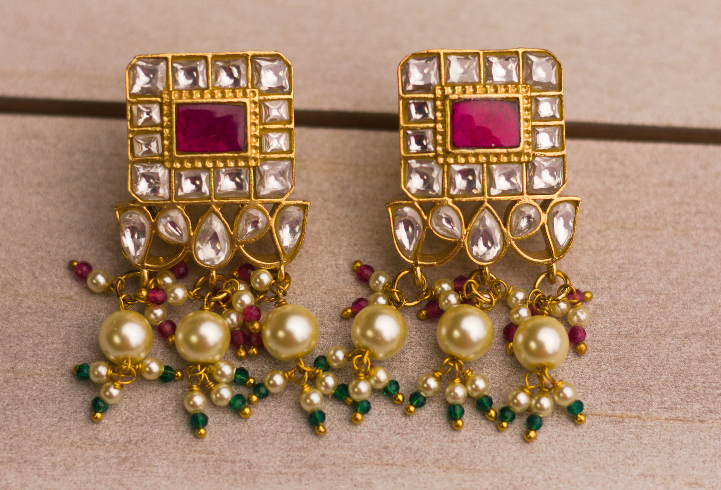 Gold Plated Kempu Window Pane Jadau  Earrings