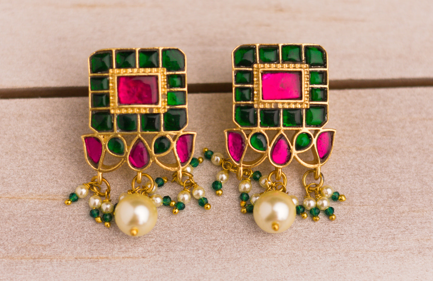 Gold Plated Kempu Ruby and Green Window Pane Jadau  Earrings