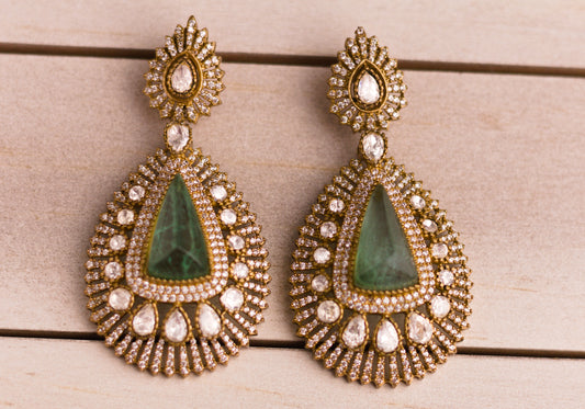 Stone Studded Green Moissanite Statement Earrings
