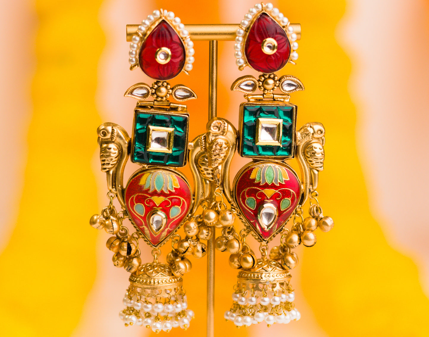 Inlay Paan Jhumkas Red Leaf