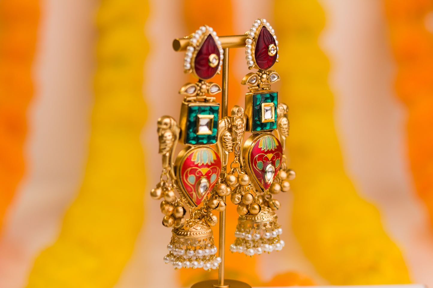 Inlay Paan Jhumkas Red Leaf