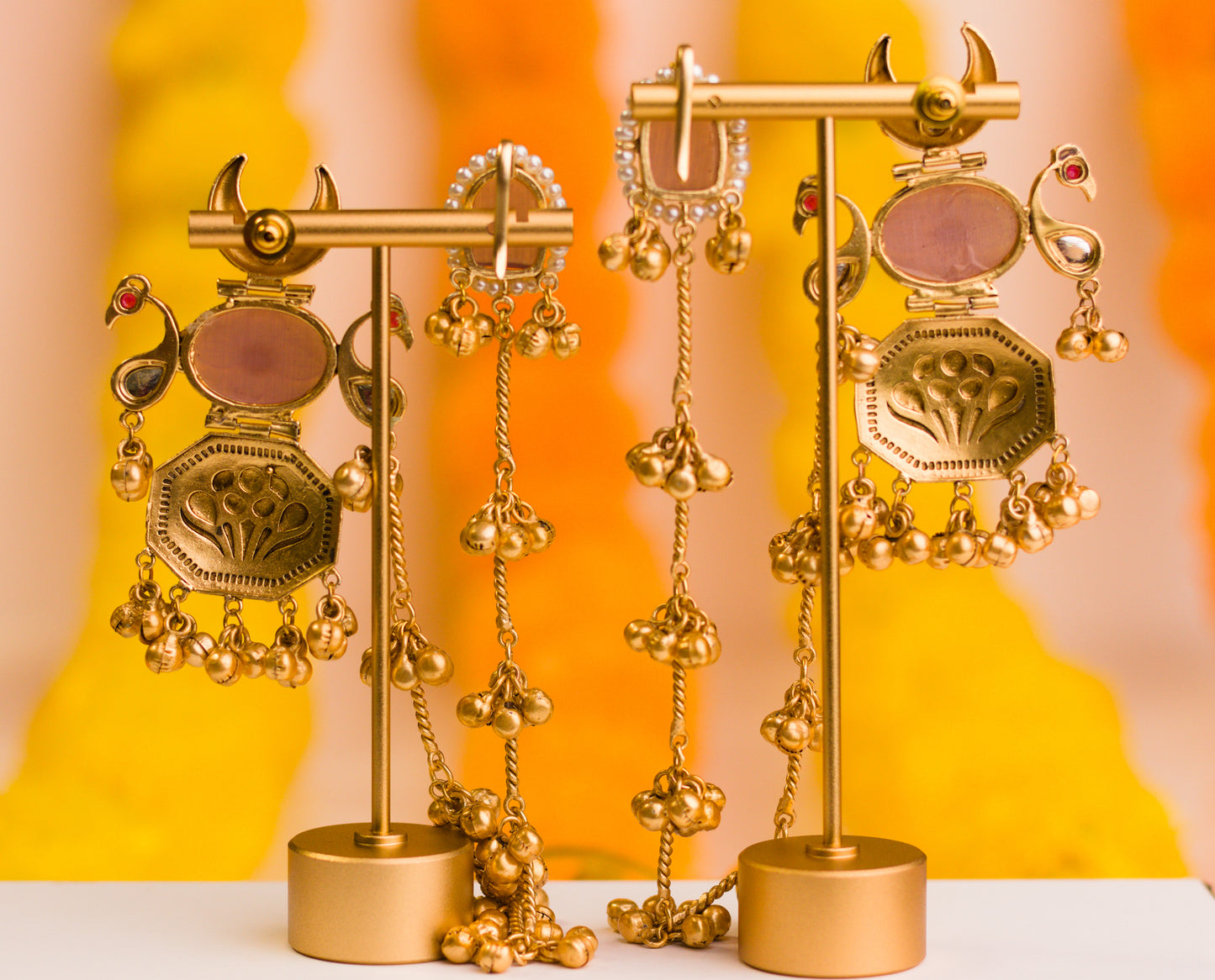 Pink and Aqua Shy Bird Statement Earrings with Kaan Chain