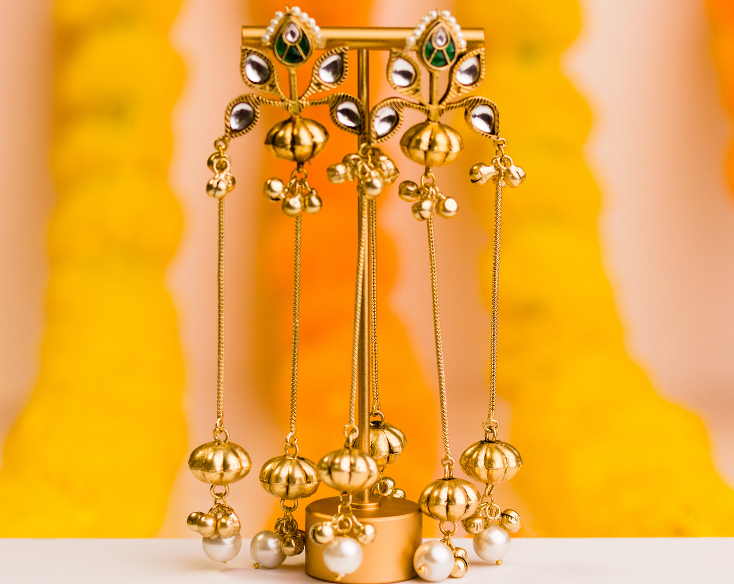 Chain and Ghungroo Green Pachi Kundan Bali