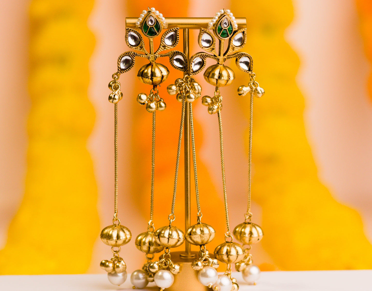 Chain and Ghungroo Green Pachi Kundan Bali