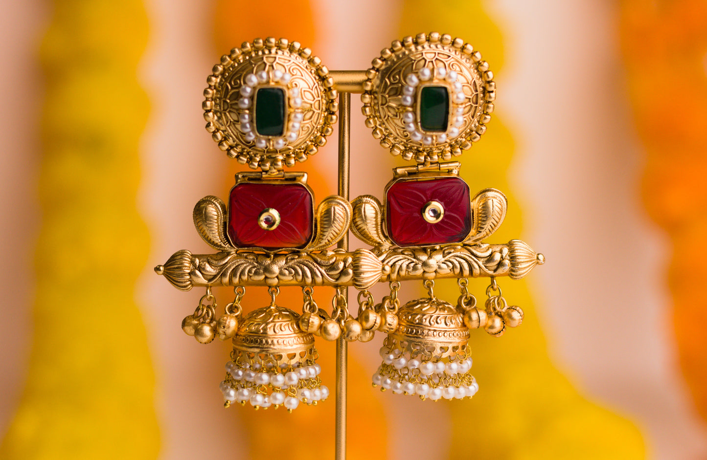 Red and Green Ornate Finial Jhumkas
