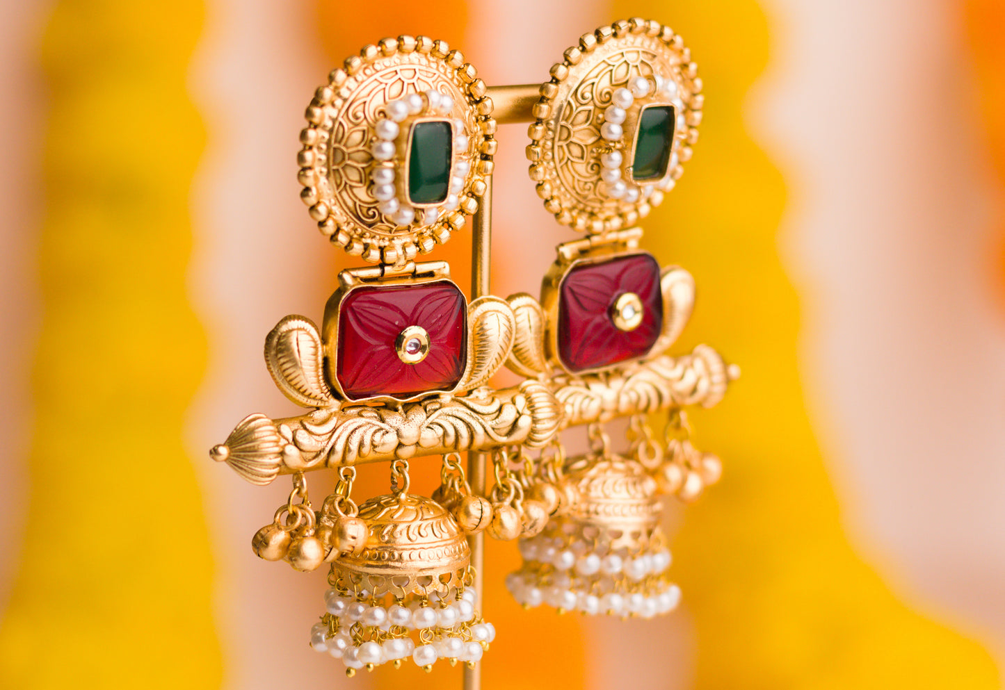 Red and Green Ornate Finial Jhumkas