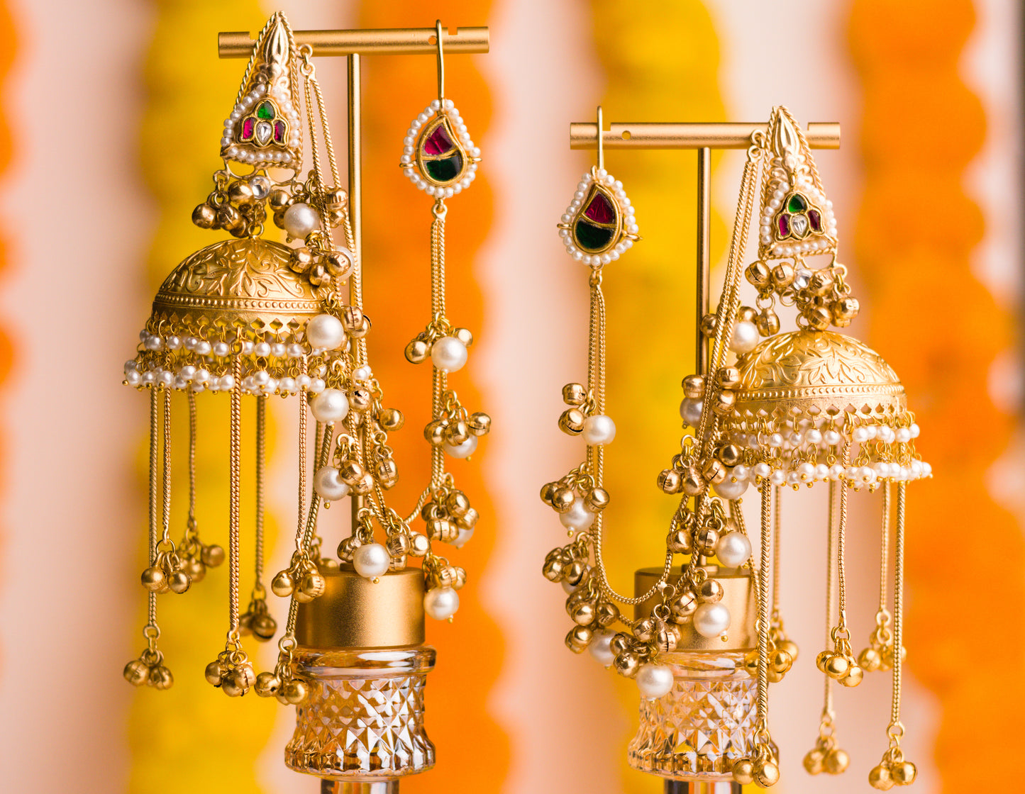 Jadau Kundan Temple Top Motif Jhumkas with Kaan Chains