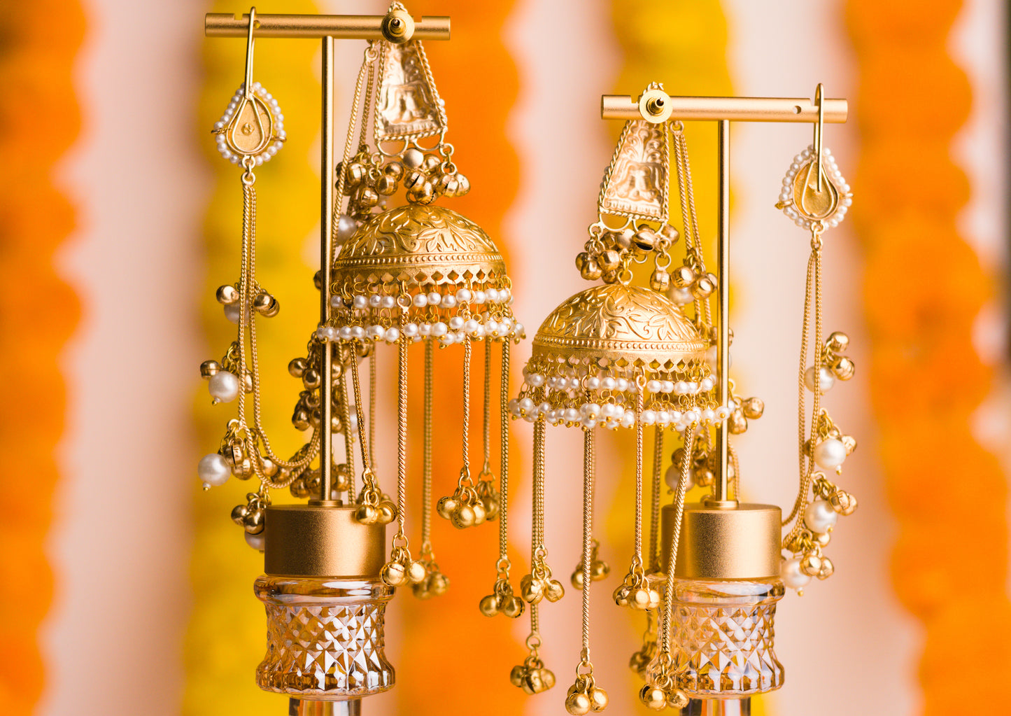 Jadau Kundan Temple Top Motif Jhumkas with Kaan Chains