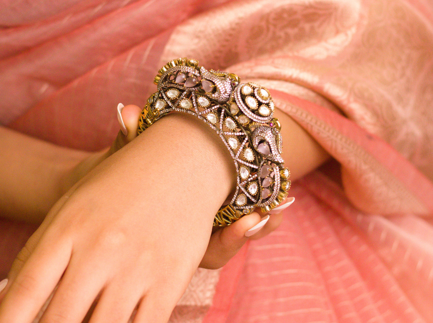 Pink Kundan Studded Mor Kangan