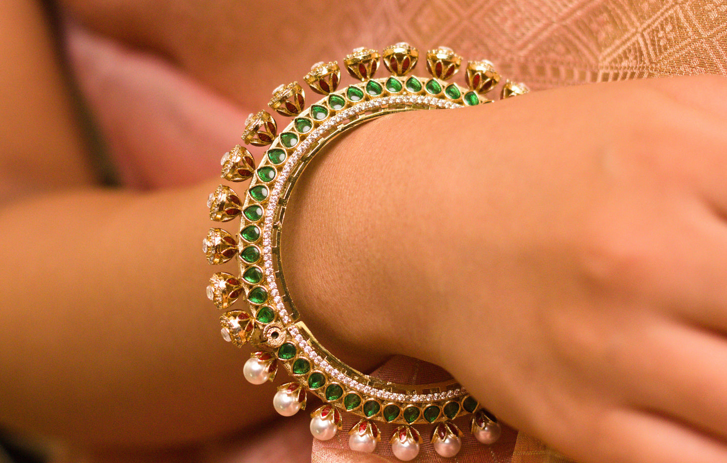 Reversible Green and Red Meena Polki and Pearl Pacheli Kada (Not a set)