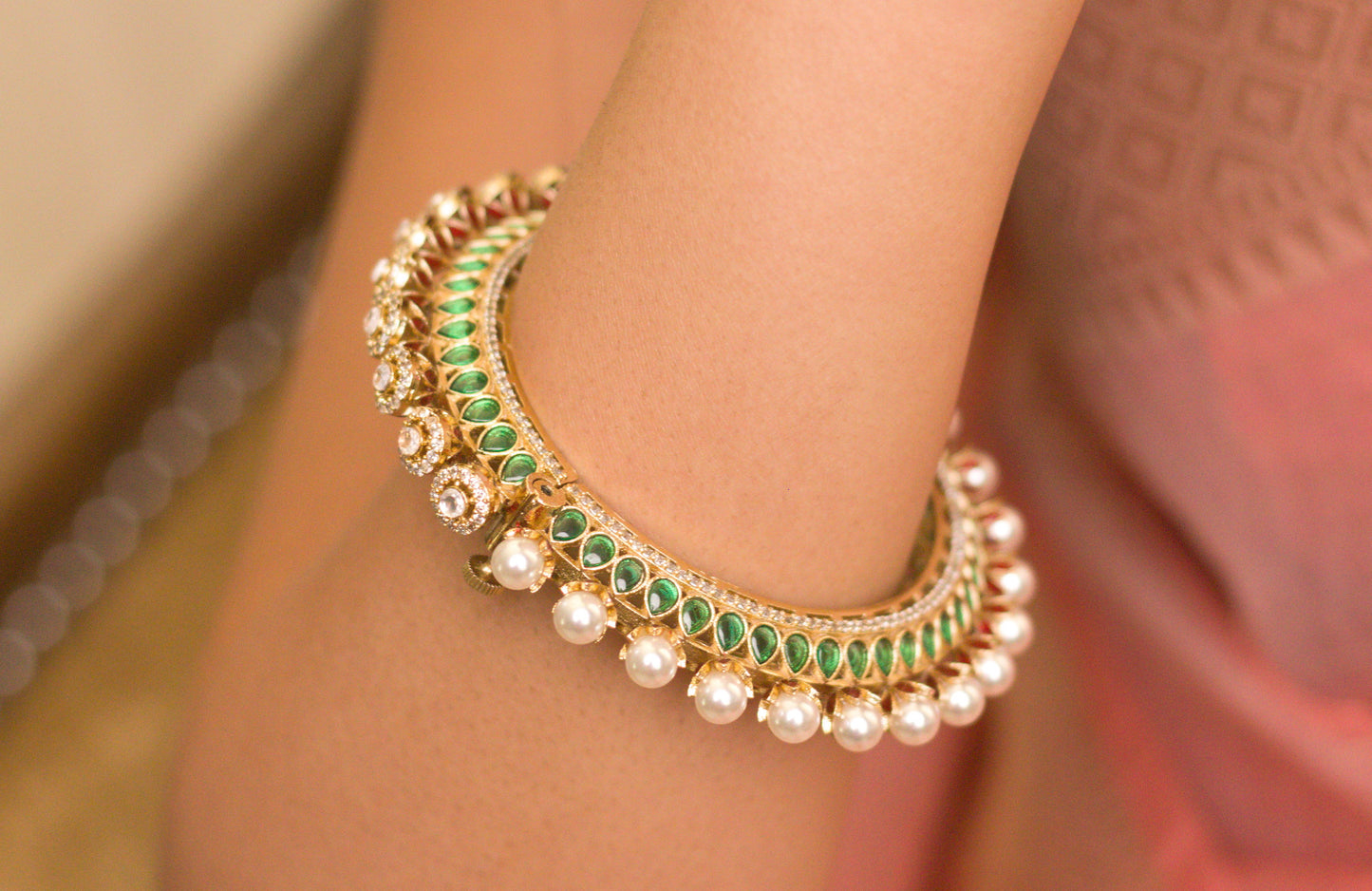 Reversible Green and Red Meena Polki and Pearl Pacheli Kada (Not a set)