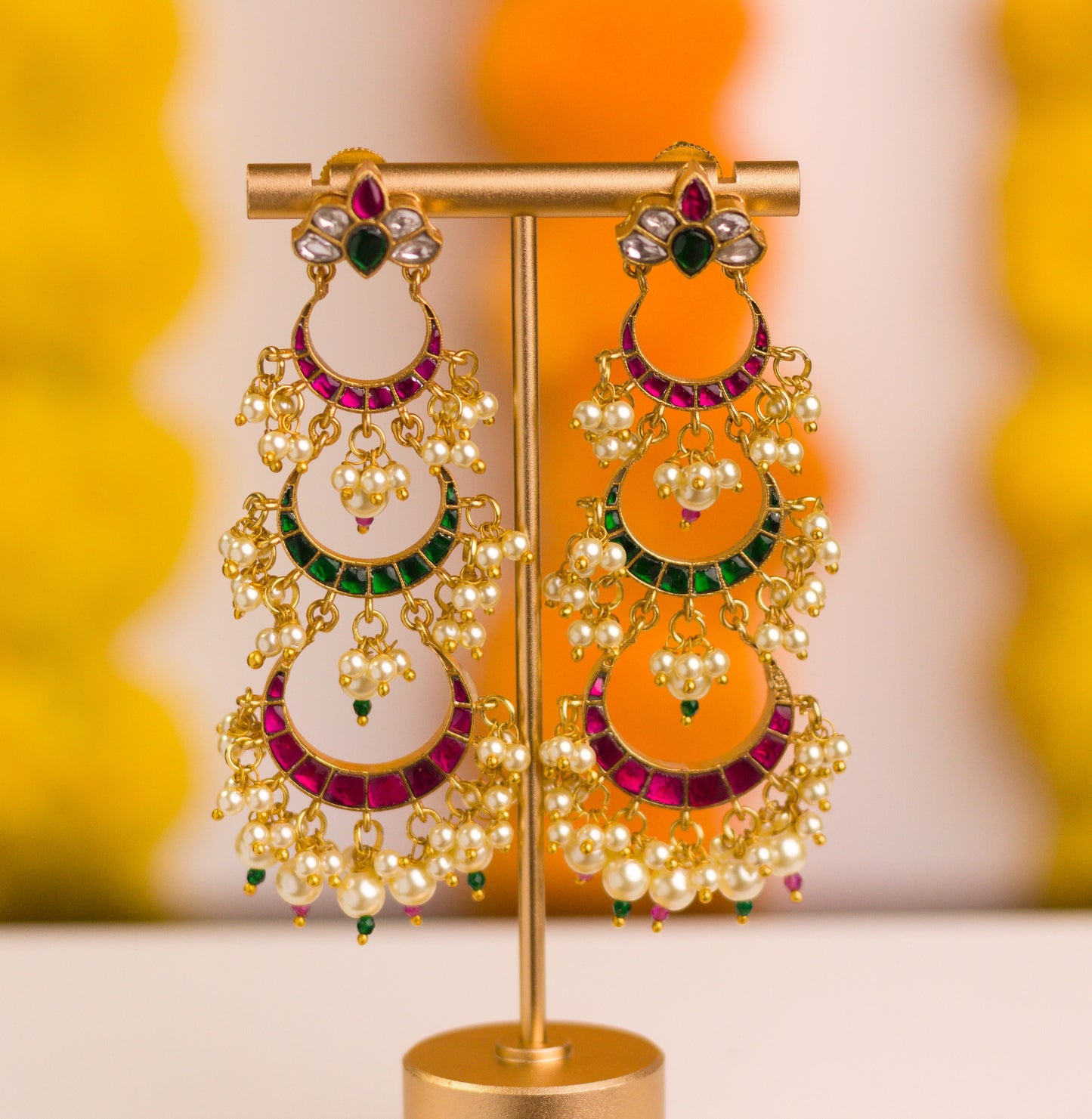 Teen Chand Jadau and Pearl Earrings