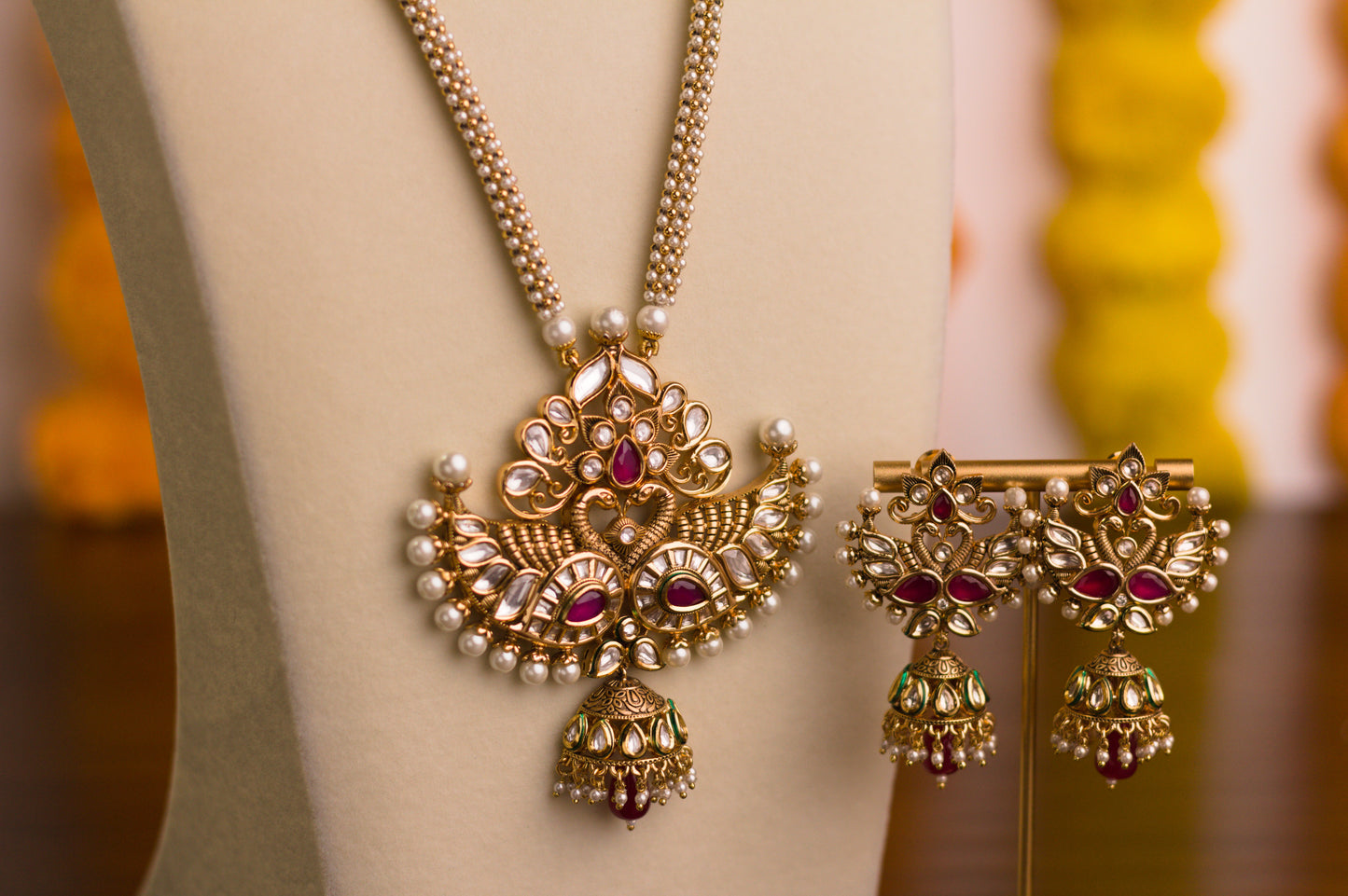 Polki Kundan and Pearl Mor Necklace Set