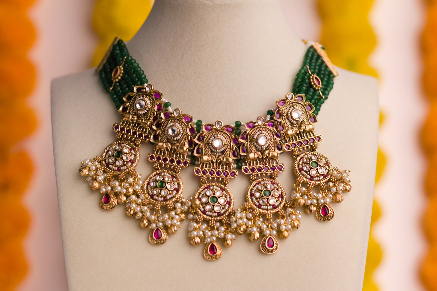 Rajwadi Green Stone Piroi Jharoka Haathi Necklace Set